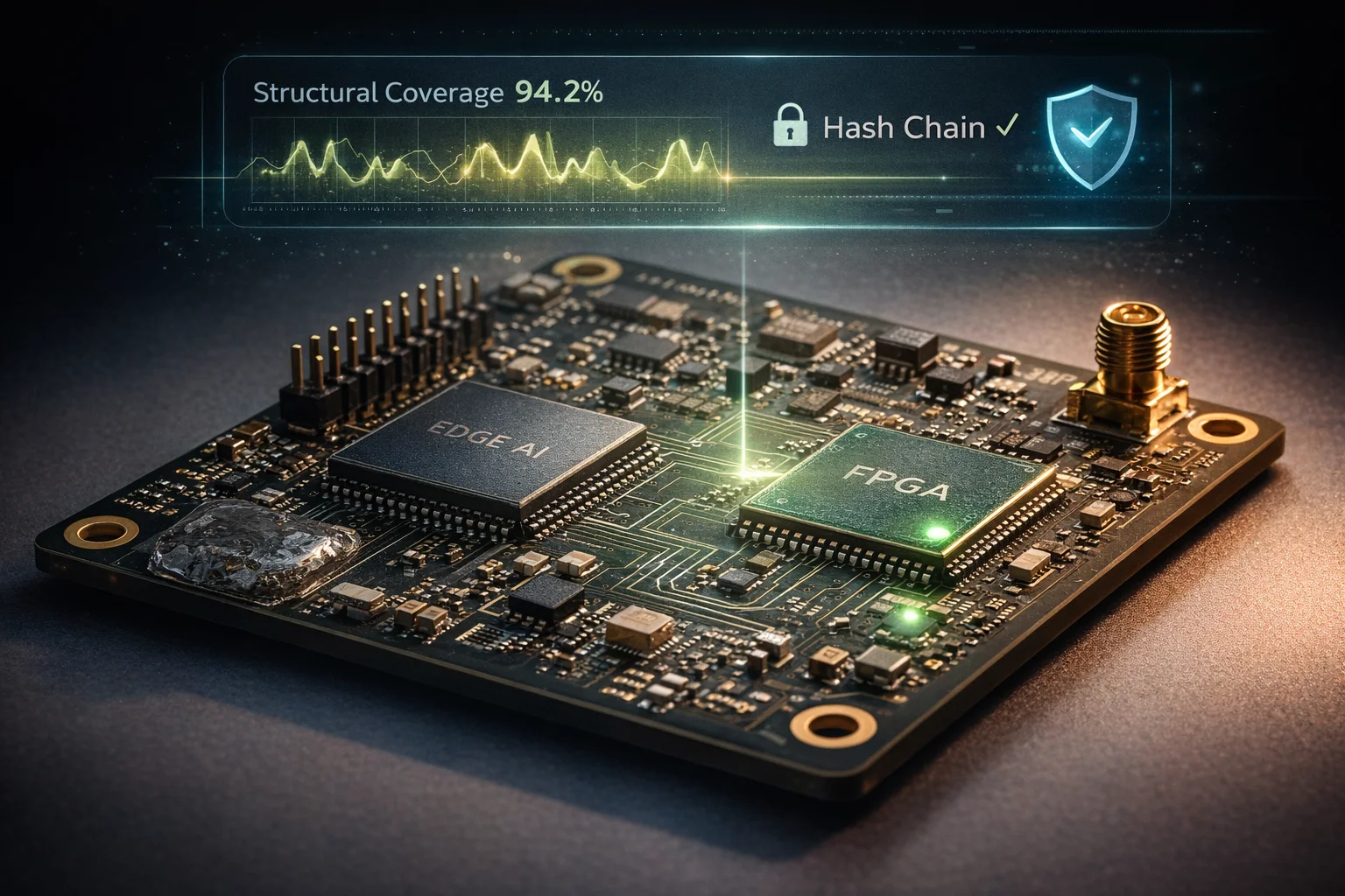 FPGA monitoring chip mounted on PCB alongside edge AI processor