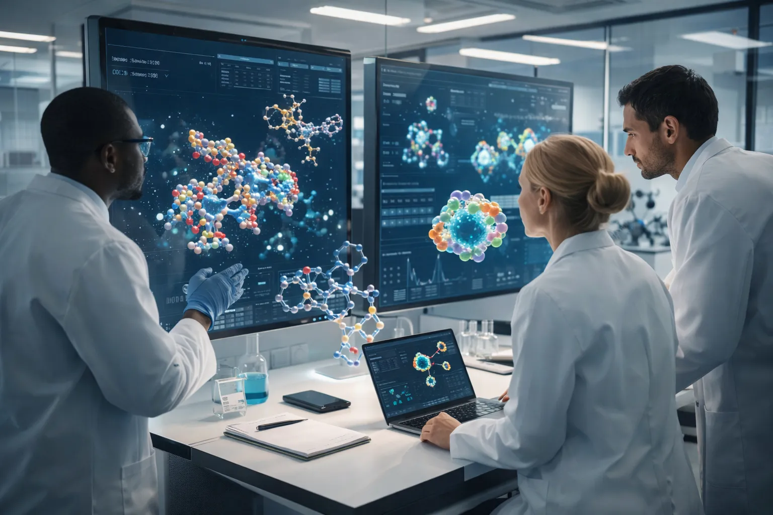 Pharmaceutical research lab with molecular data screens