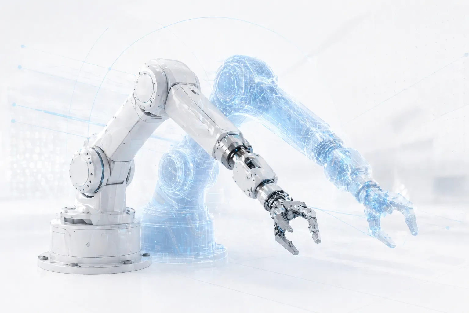 Robot arm with simulation ghost overlay